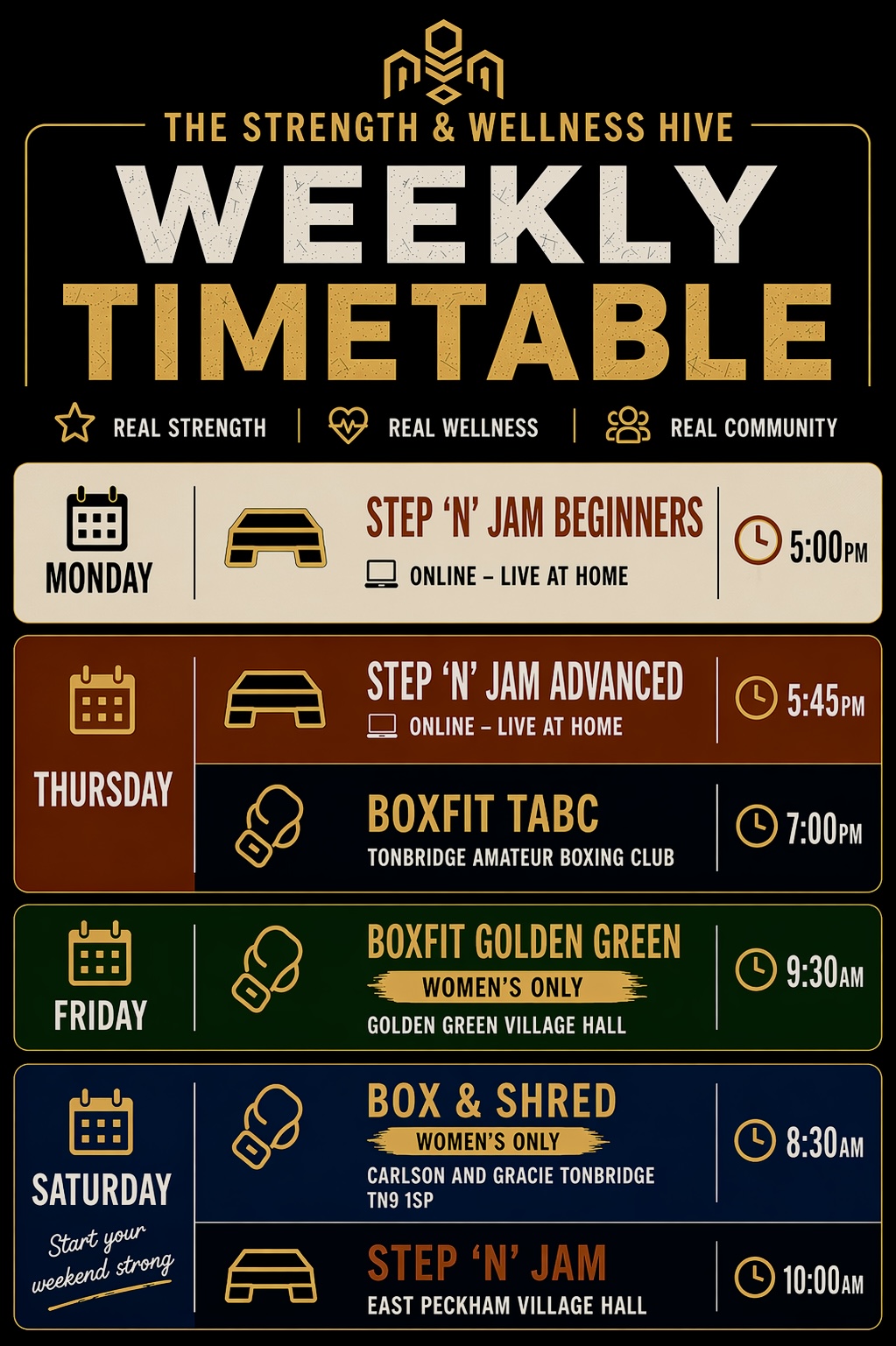 The Strength and Wellness Hive weekly timetable